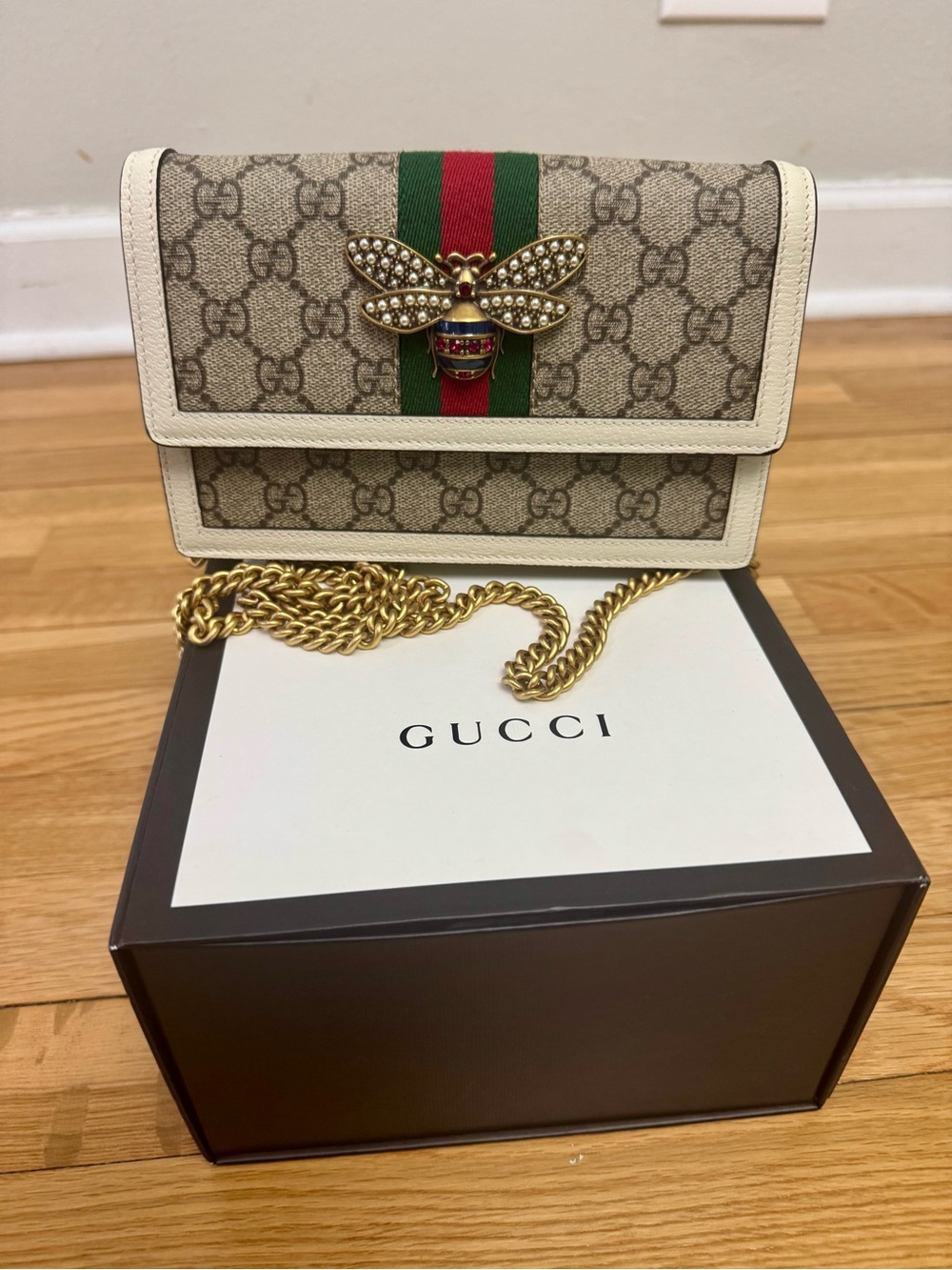Gucci Beige GG Canvas Ophidia Crossbody with White Trim and Green/Red Stripe